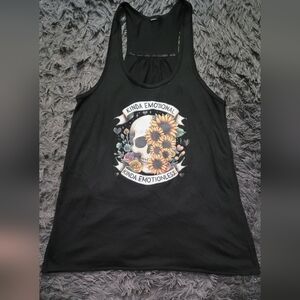Black Graphic Tee with Skull and Sunflower Design